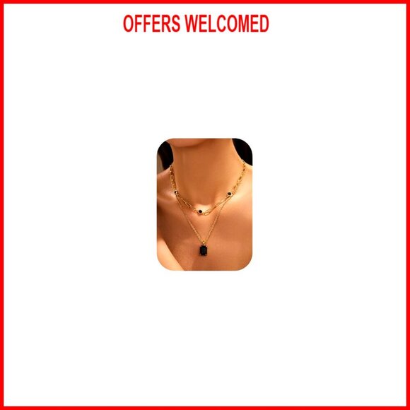 Jewelry - 14k Gold Plated Rhinestone Choker Necklace, Layered Pendant Paperclip Design
